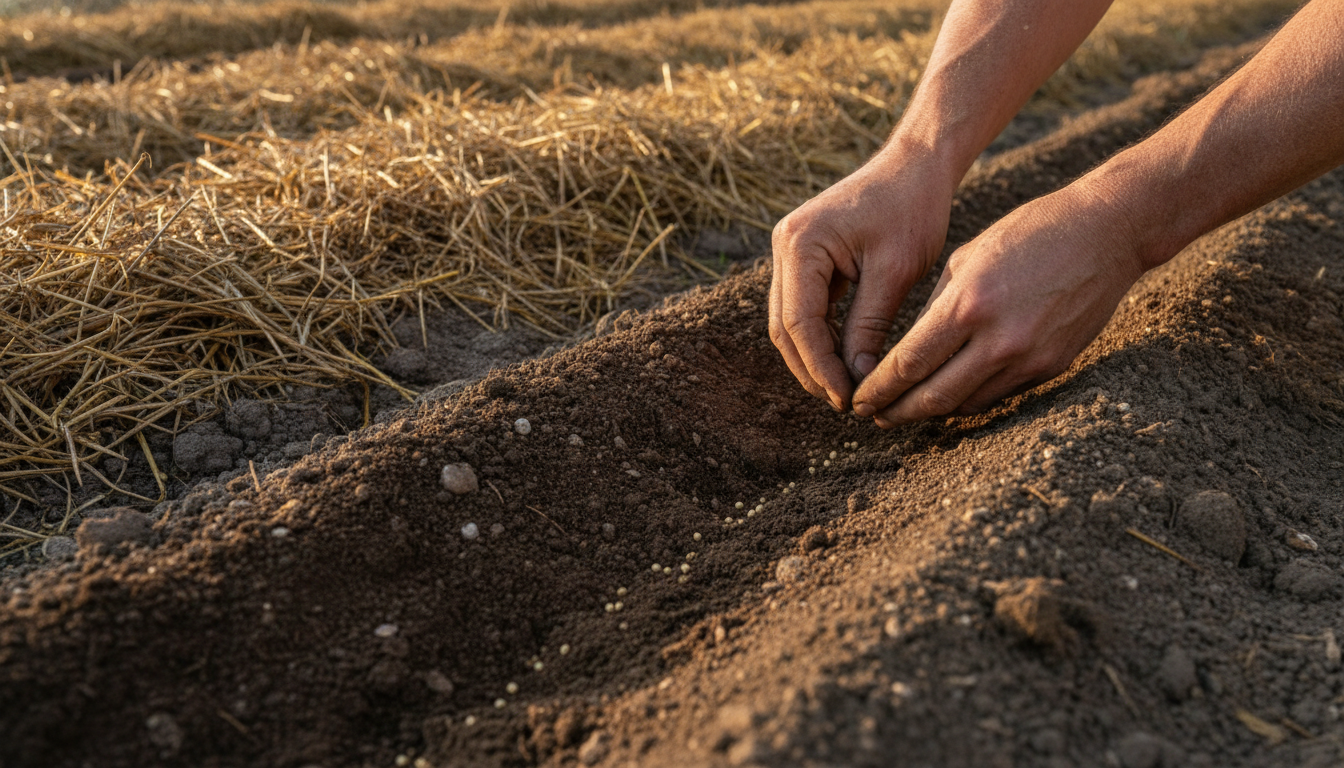 Mains semant des graines de navets dans la terre du potager