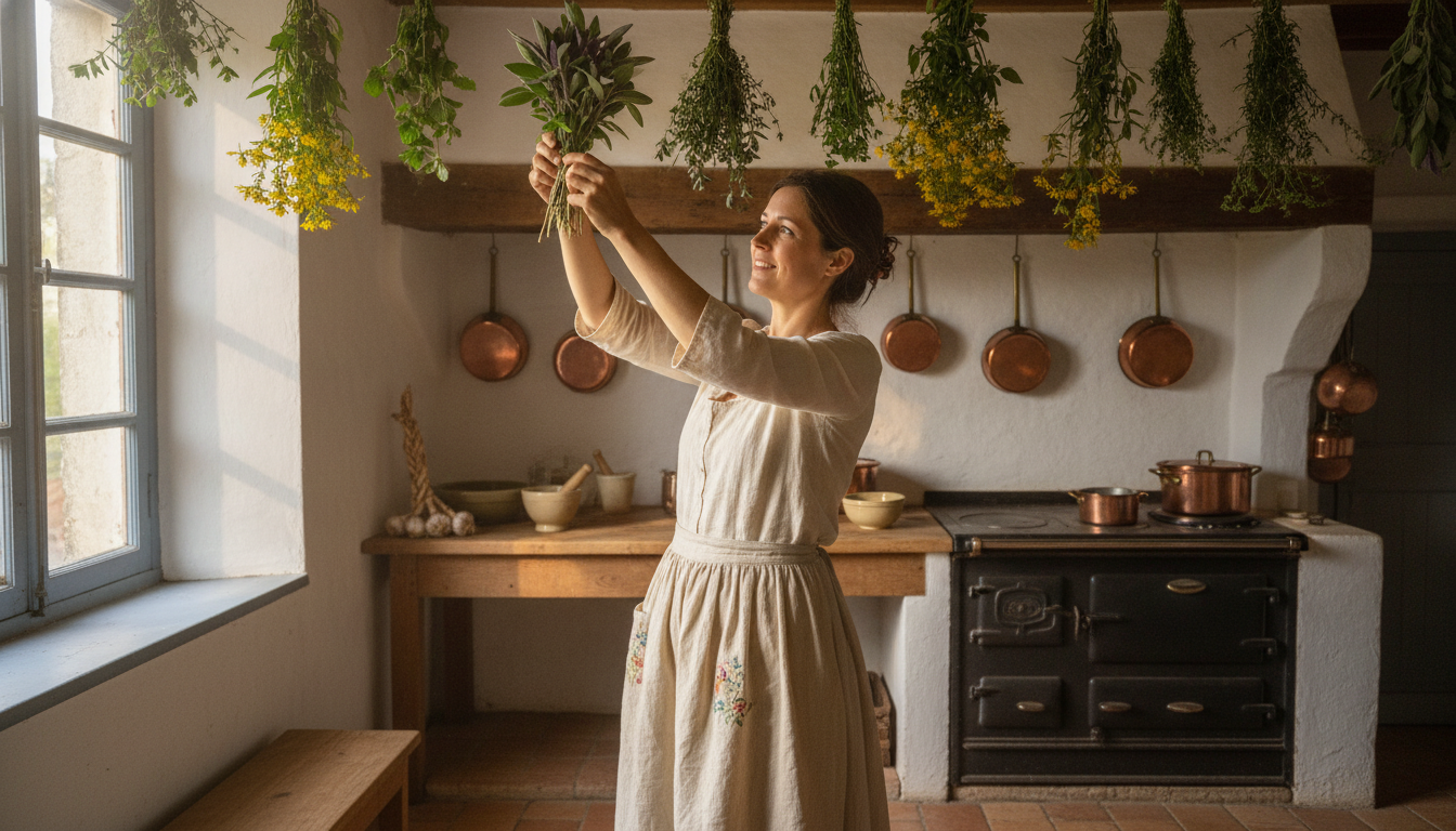 Bouquets d'herbes aromatiques suspendus à sécher dans une cuisine