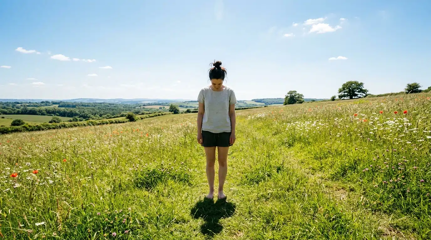 Personne observant son ombre courte au sol lors du solstice d'été