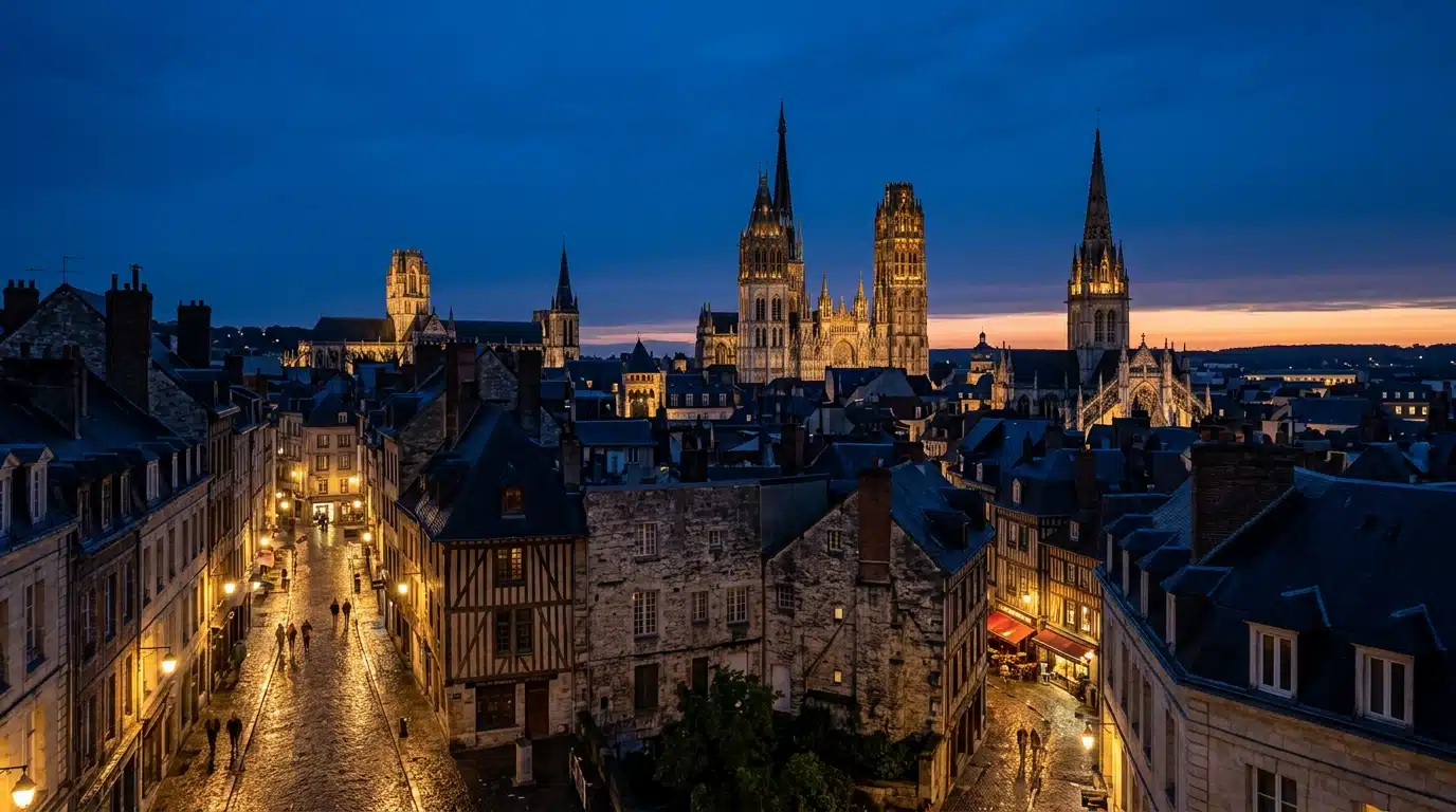 Crépuscule bleuté persistant au-dessus d'une ville du nord de la France en juin