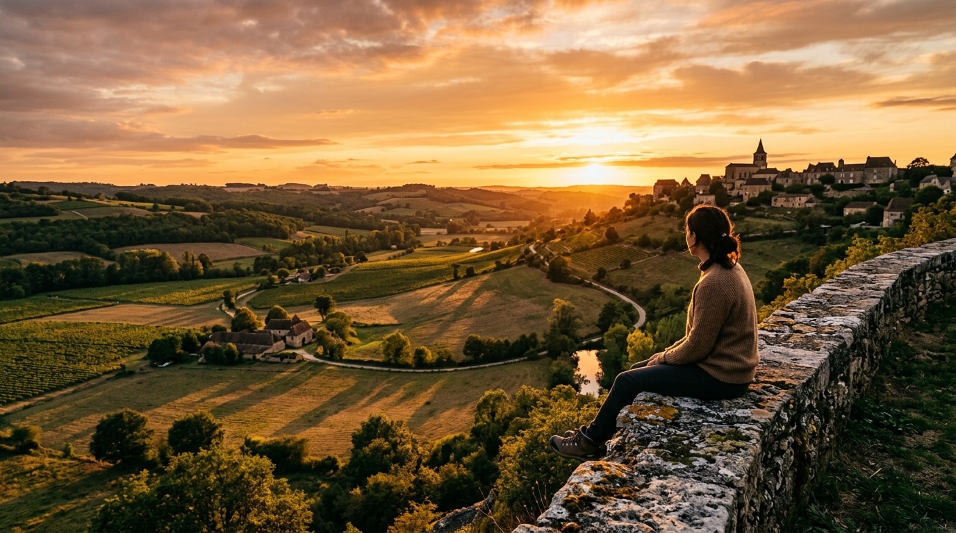 Coucher de soleil doré sur la campagne française le soir du solstice d'été