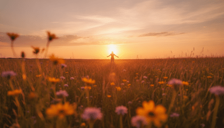 Personne dans un pré doré au coucher du soleil estival