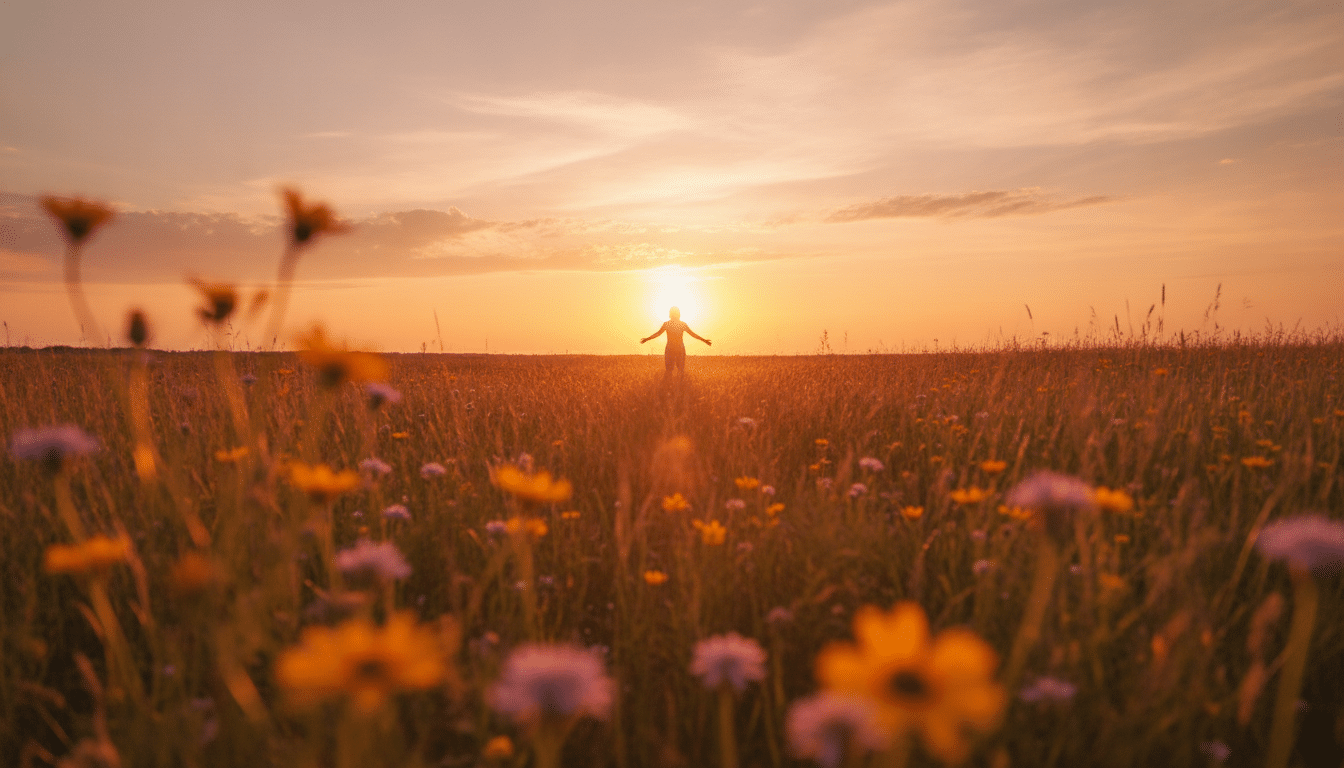 Personne dans un pré doré au coucher du soleil estival