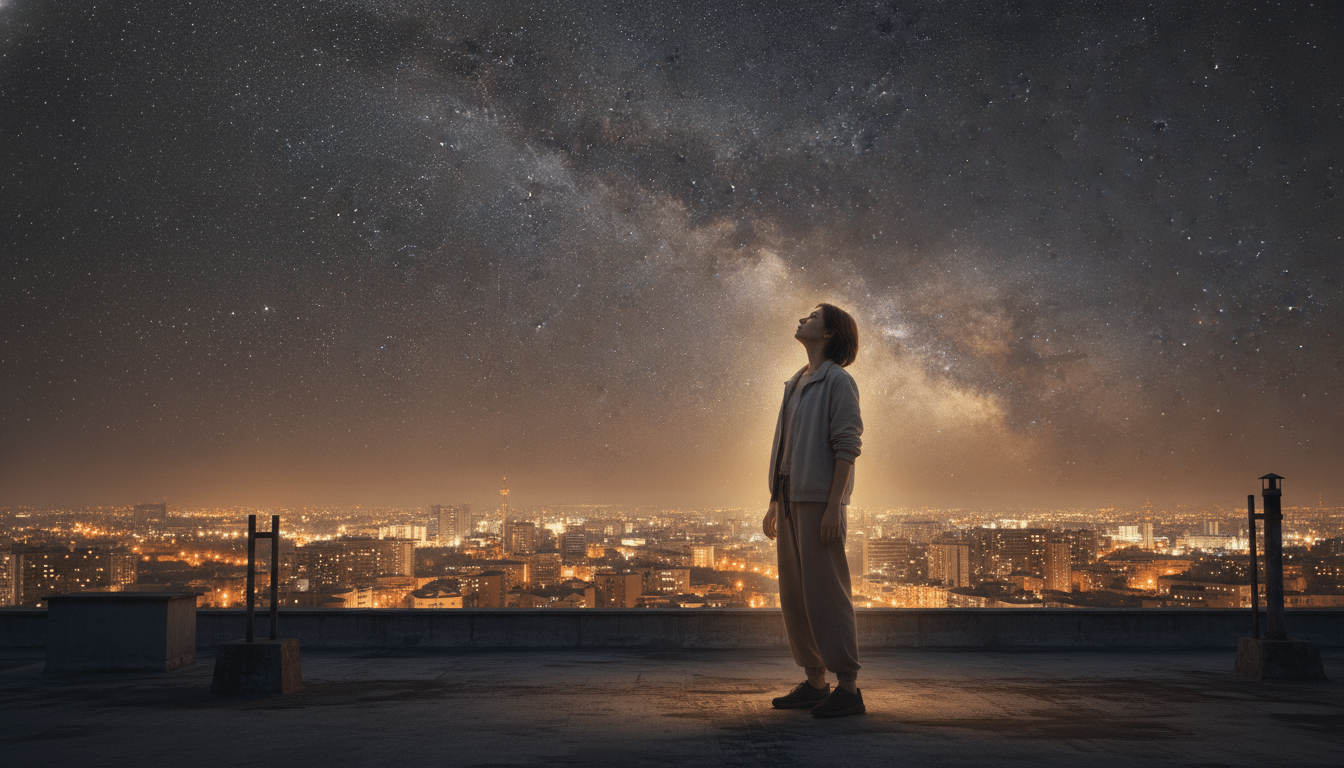 Personne contemplant un ciel étoilé depuis un toit la nuit