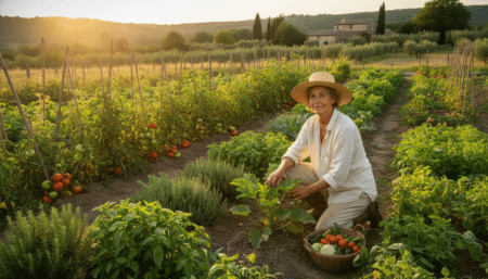 Jardinier âgé dans un potager au coucher du soleil en juin