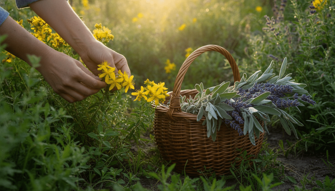 Cueillette de millepertuis et herbes médicinales au jardin