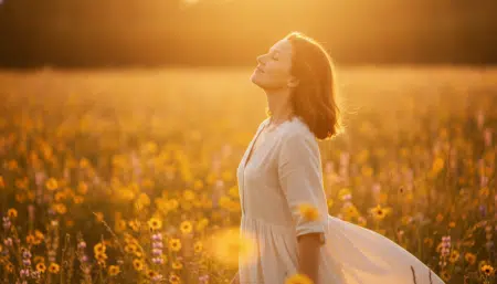 Femme baignée de lumière dorée lors du solstice d'été