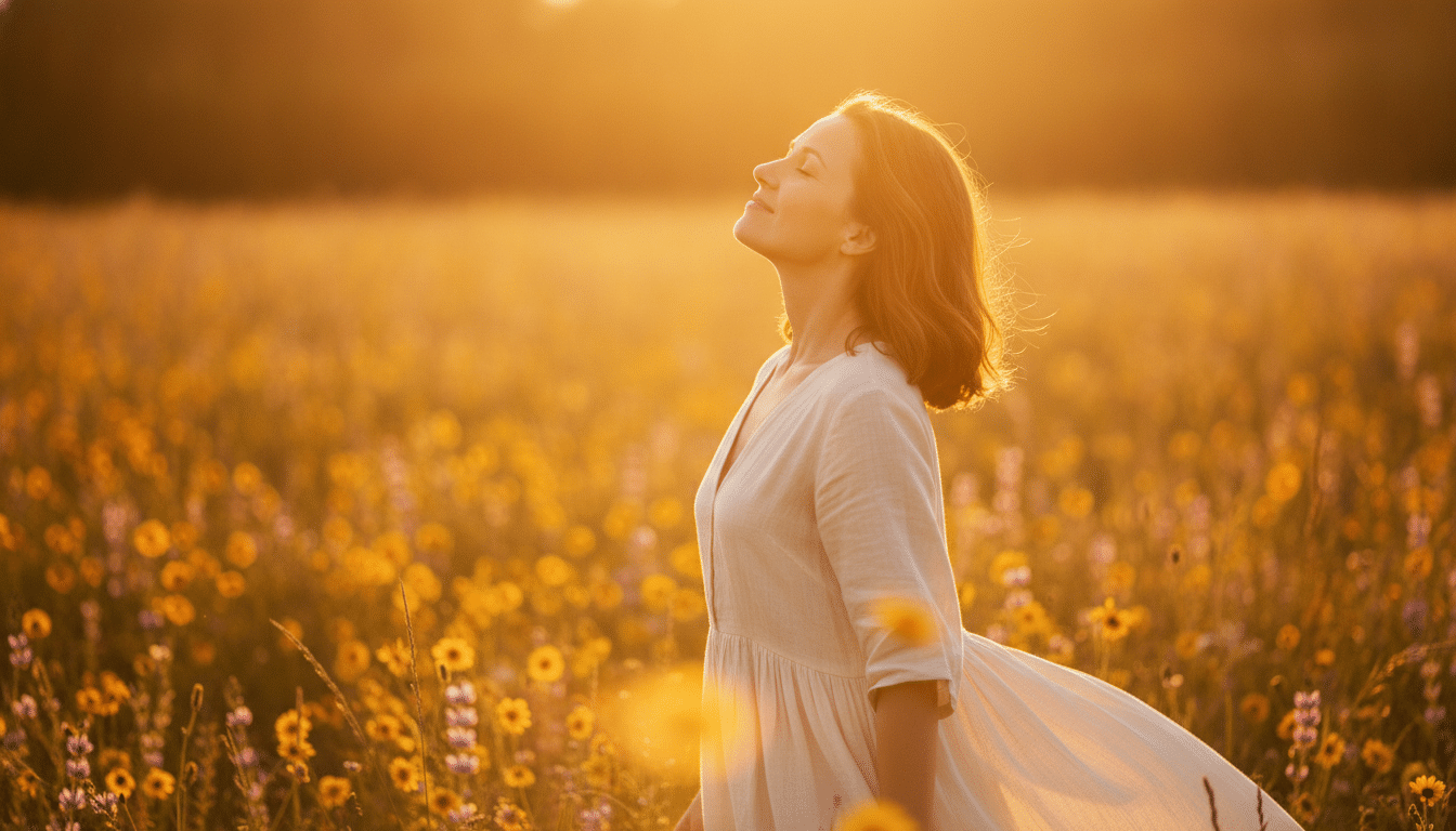 Femme baignée de lumière dorée lors du solstice d'été