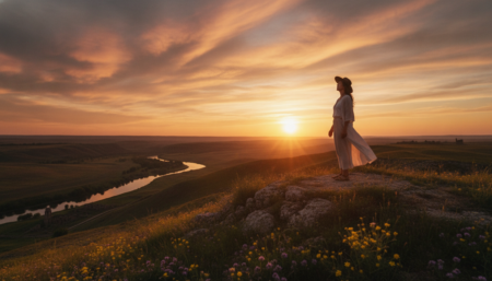 Personne contemplant le coucher de soleil au solstice d'été