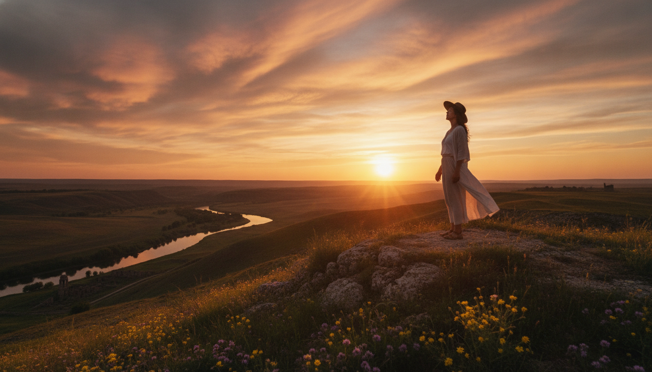 Personne contemplant le coucher de soleil au solstice d'été
