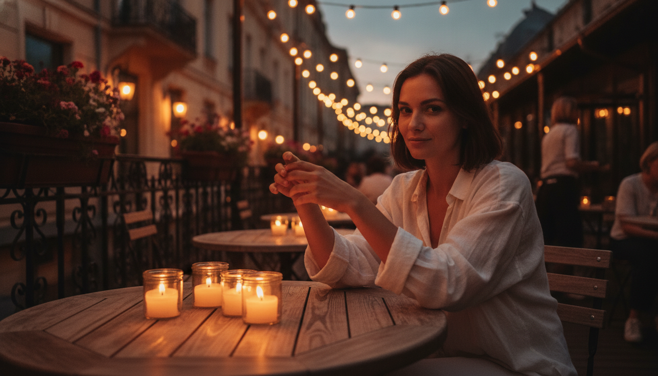 Personne charismatique en terrasse éclairée aux bougies dorées