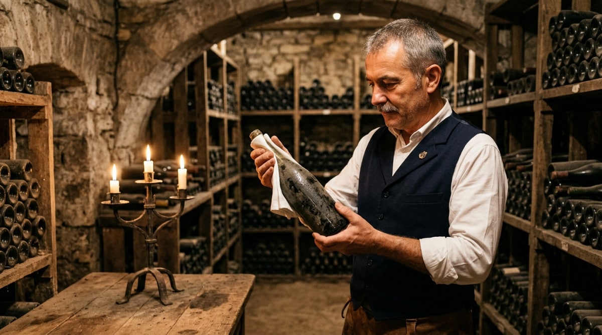 Sommelier dans une cave avec serviette autour d'une bouteille de vin