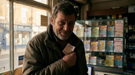 Buraliste tenant un ticket de loterie derrière son comptoir