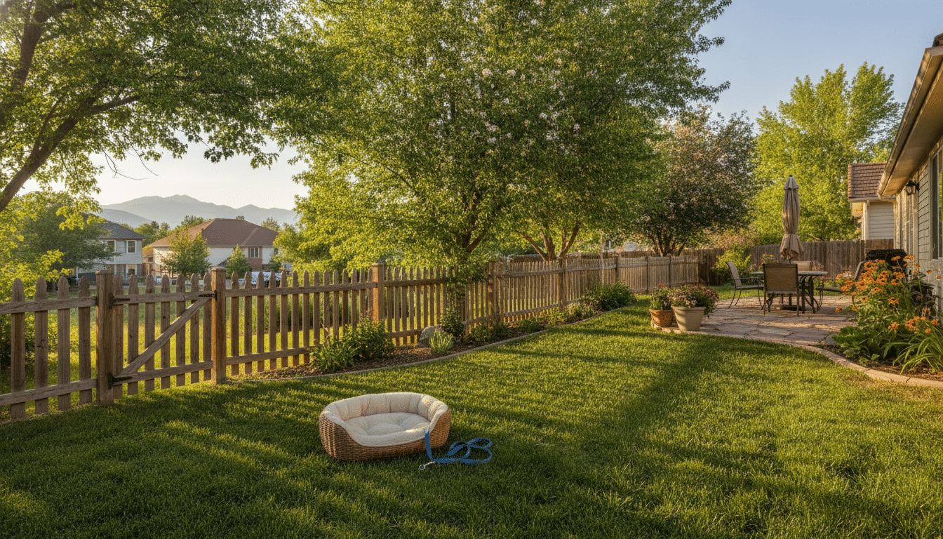 Jardin vide à Denver avec laisse et panier de chien abandonné