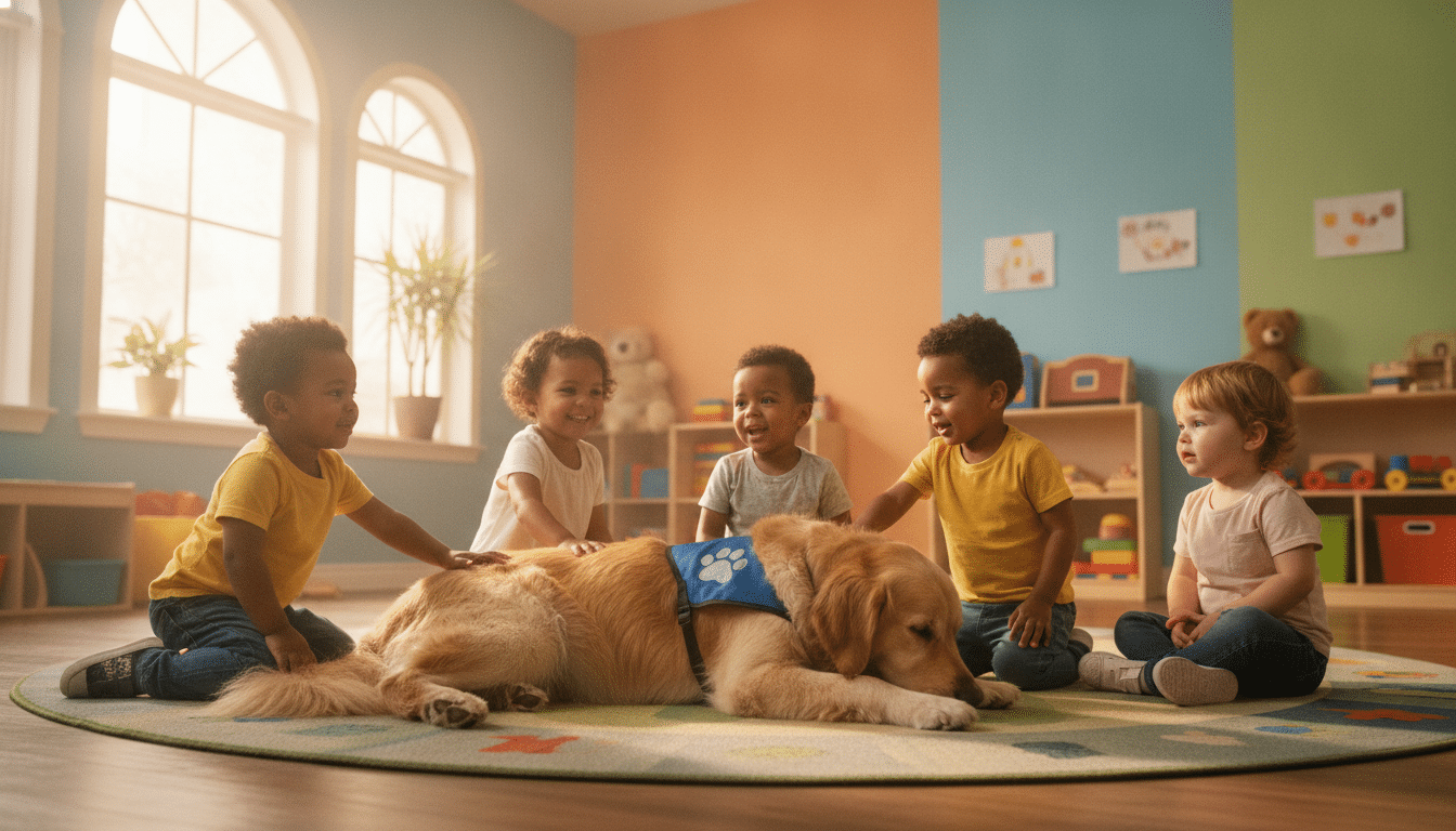 Chien d'assistance entouré d'enfants dans une garderie