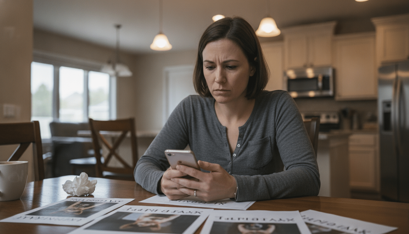 Femme inquiète consultant son téléphone avec des avis de recherche