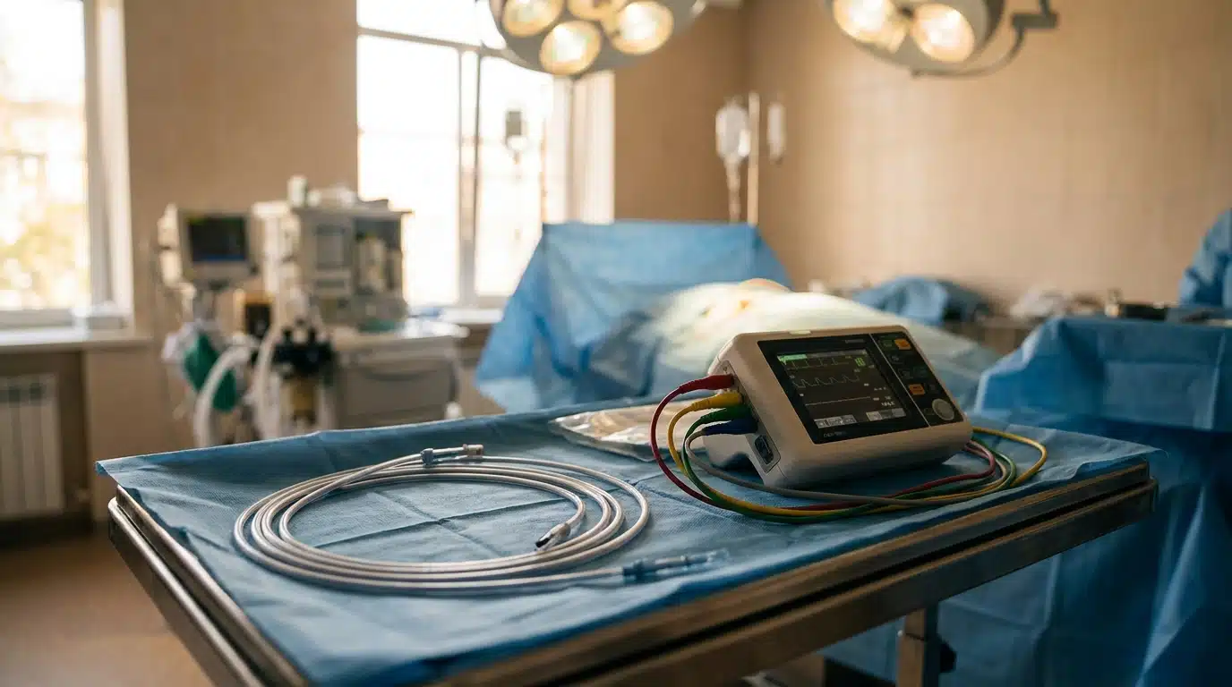 Cathéter et équipement de monitoring cardiaque sur plateau médical