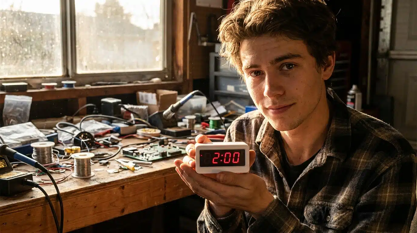 Jeune homme tenant une petite horloge connectée dans un garage