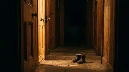 Couloir sombre d'une colonie avec porte entrouverte la nuit