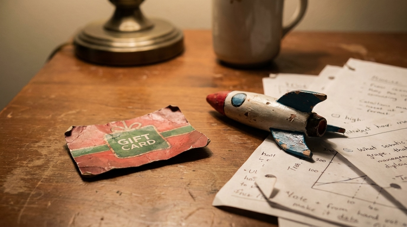Carte-cadeau de restaurant posée près d'une maquette de fusée