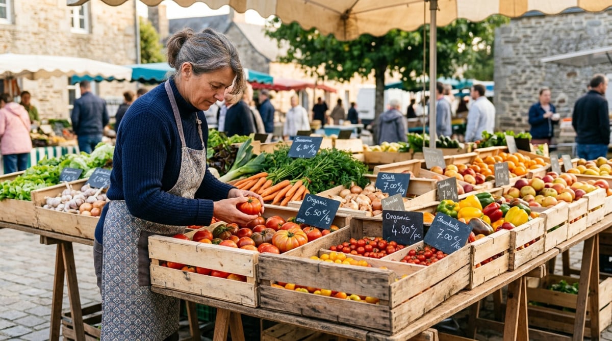 Stand de légumes bio sur un marché breton