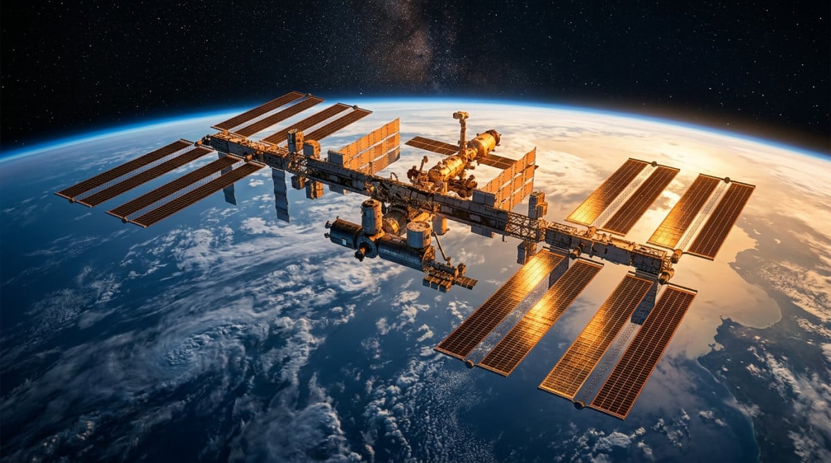 Station spatiale internationale en orbite au coucher du soleil