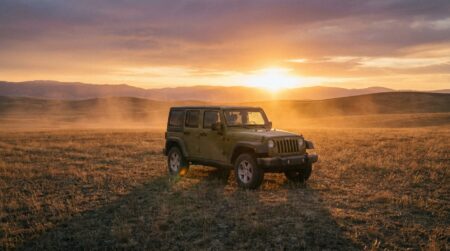 Jeep Wrangler garée seule dans un champ dégagé au coucher du soleil