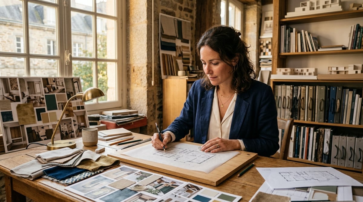 Stéphanie décoratrice d'intérieur travaillant dans son cabinet à Rennes