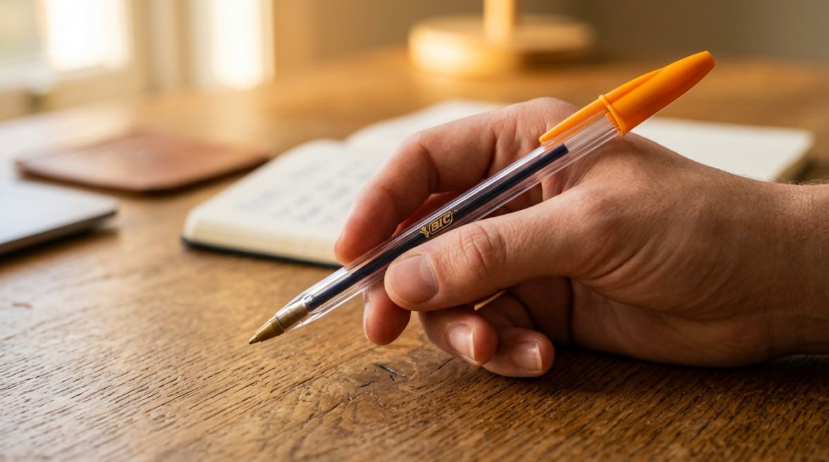 Stylo Bic Cristal tenu en main avec logo bonhomme visible