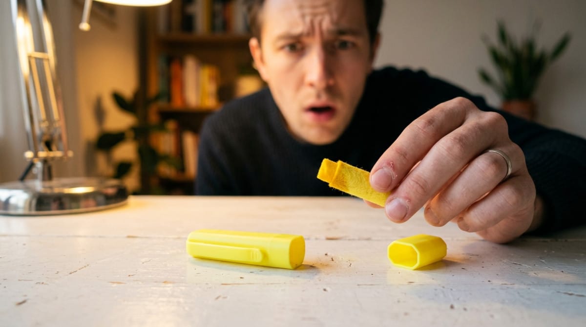 Surligneur Stabilo Boss jaune démonté montrant ses composants