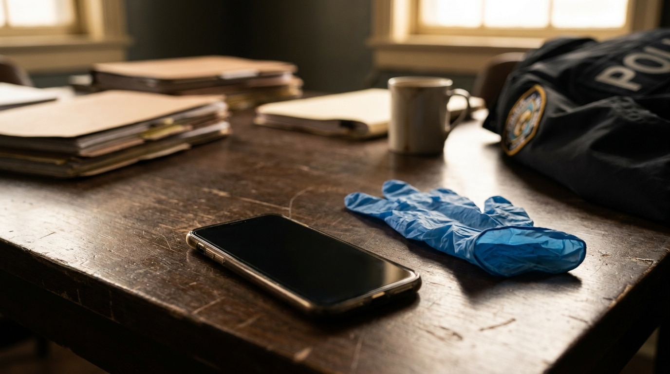 Téléphone portable posé sur une table d'interrogatoire