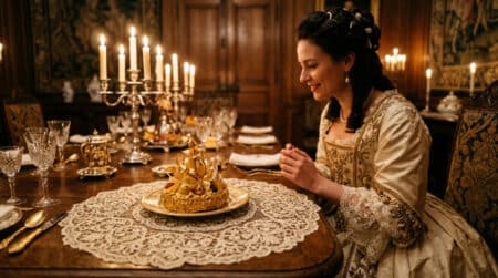Table aristocratique avec napperon en dentelle sous une pâtisserie
