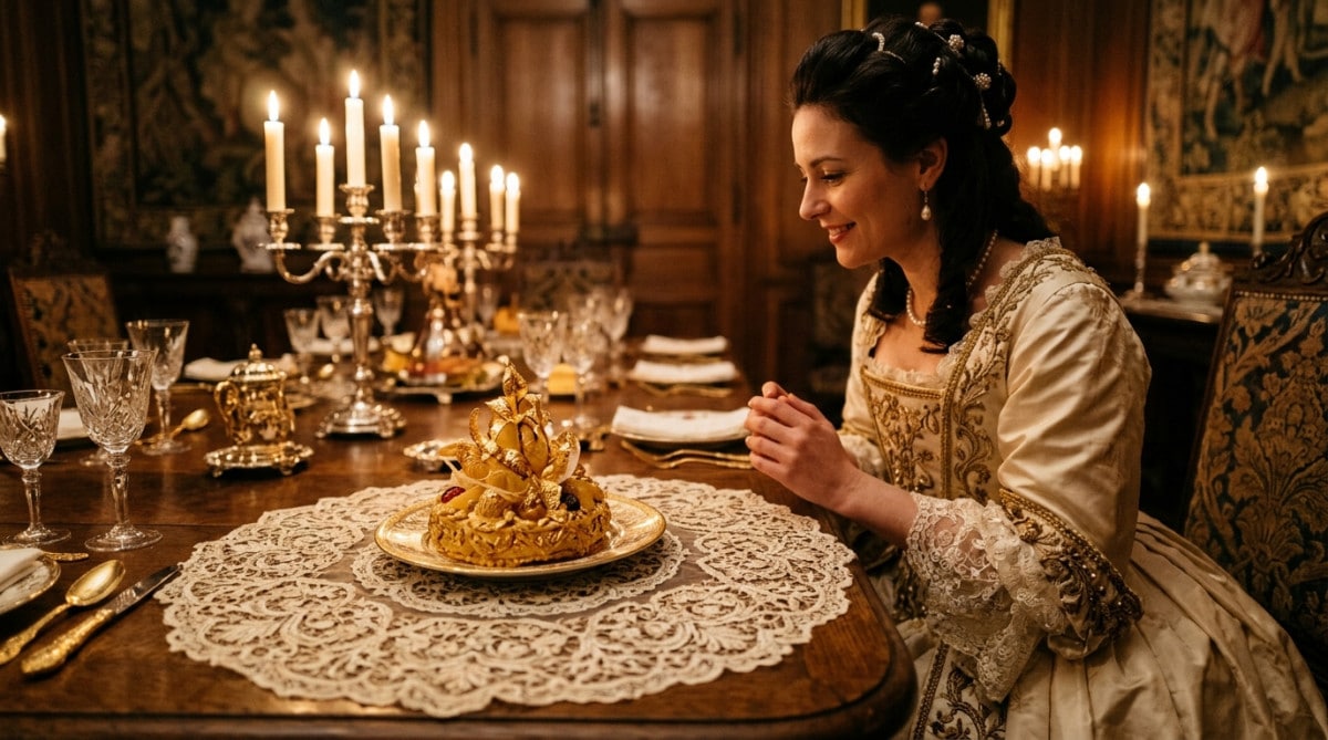 Table aristocratique avec napperon en dentelle sous une pâtisserie