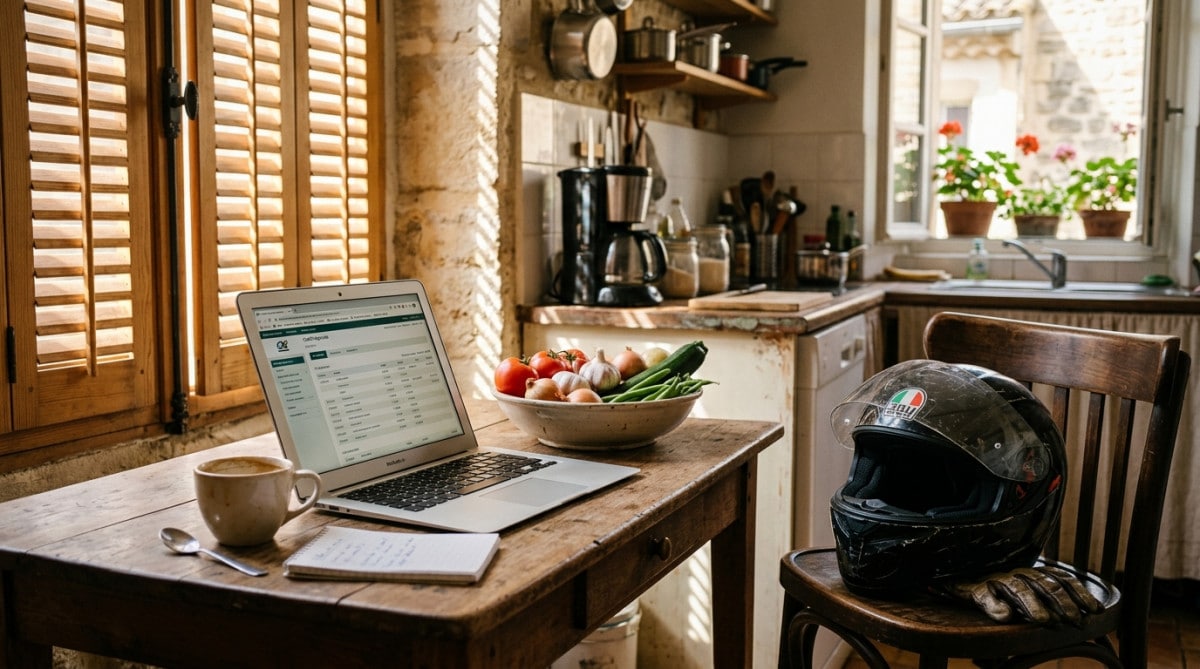 Table de cuisine avec relevé bancaire et casque de scooter