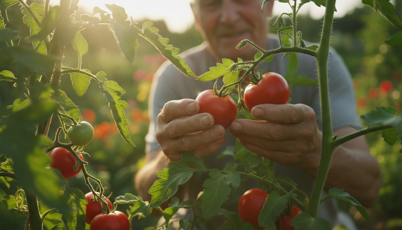 Mains d'un jardinier inspectant un pied de tomate en juin