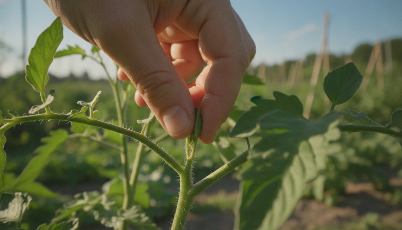 Pincement d'un gourmand à l'aisselle d'un plant de tomate