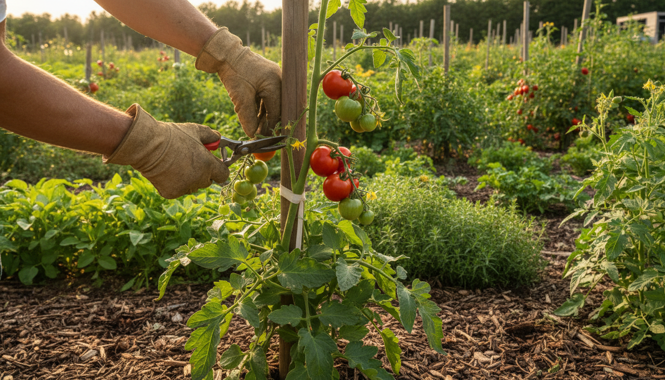 Taille d'une tige secondaire sur un pied de tomate tuteuré