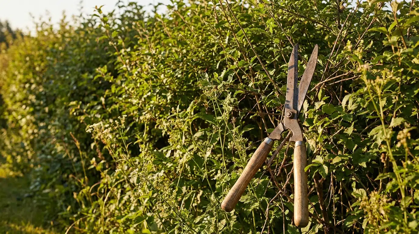 Haie de jardin en pleine pousse avec un sécateur posé contre