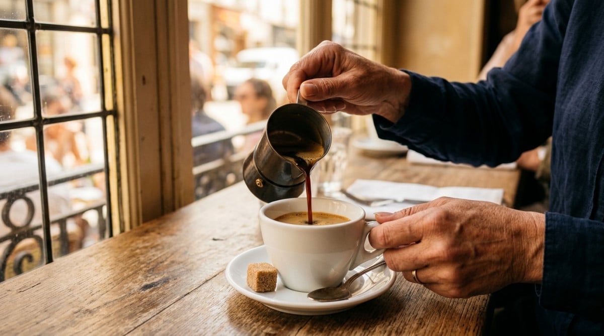Tasse de café épaisse avec soucoupe et sucre dans un café parisien