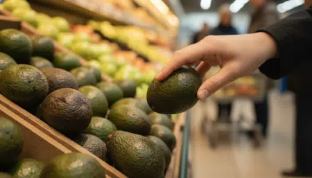 Main appuyant sur un avocat au rayon fruits