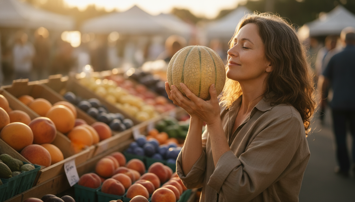 Femme sentant un melon au marché
