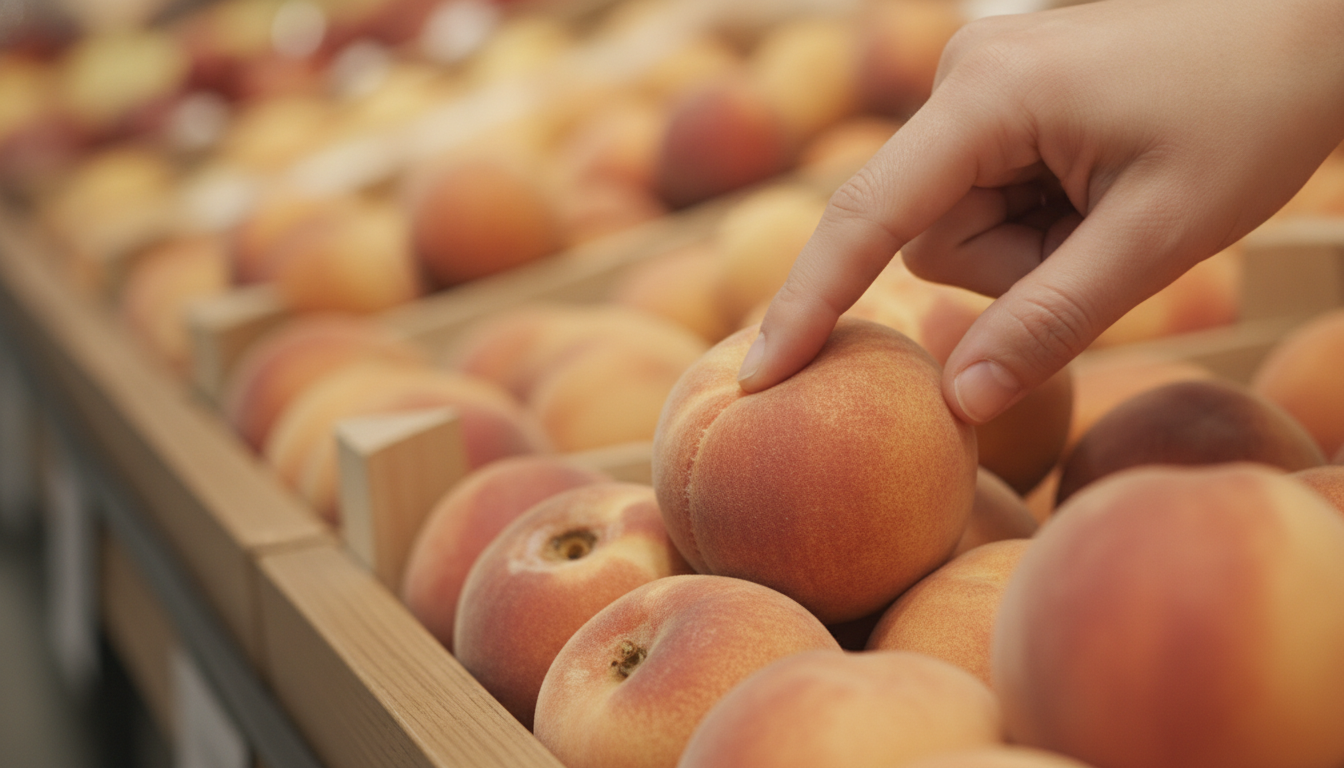 Personne palpant une pêche au supermarché