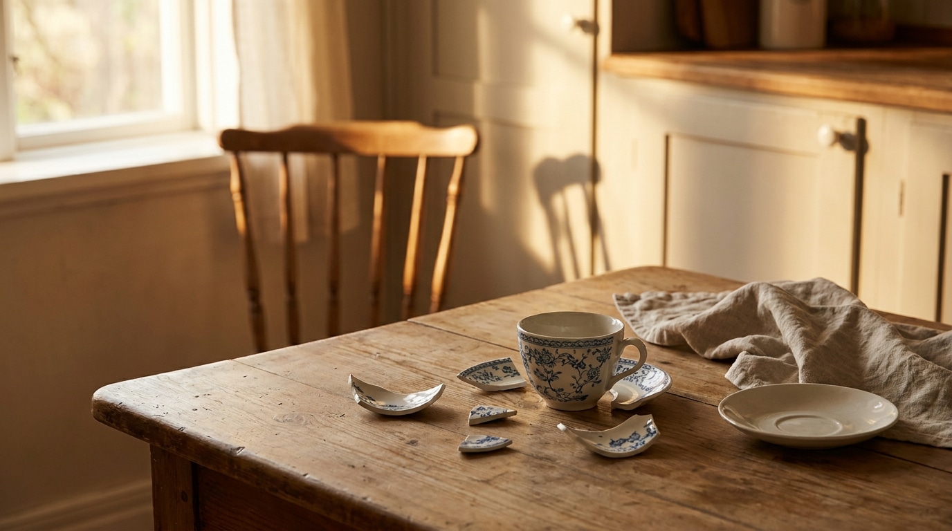 Tasse brisée sur une table avec chaise vide en arrière-plan