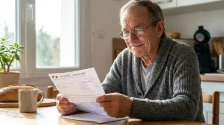Retraité soulagé lisant son avis de taxe foncière