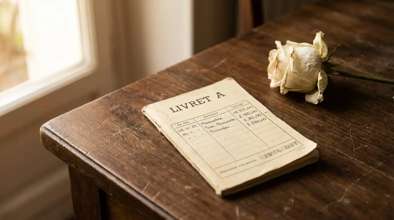 Livret d'épargne posé sur une table sombre avec une fleur fanée