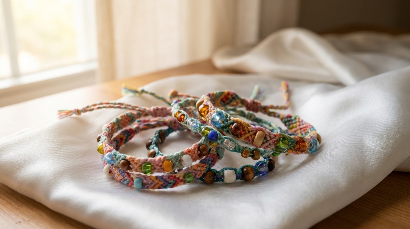 Bracelet d'amitié coloré sur un poignet posé sur du satin blanc