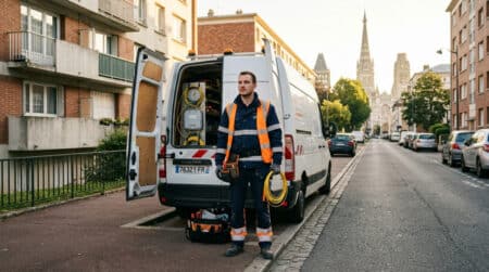 Technicien fibre optique devant son véhicule de service à Rouen