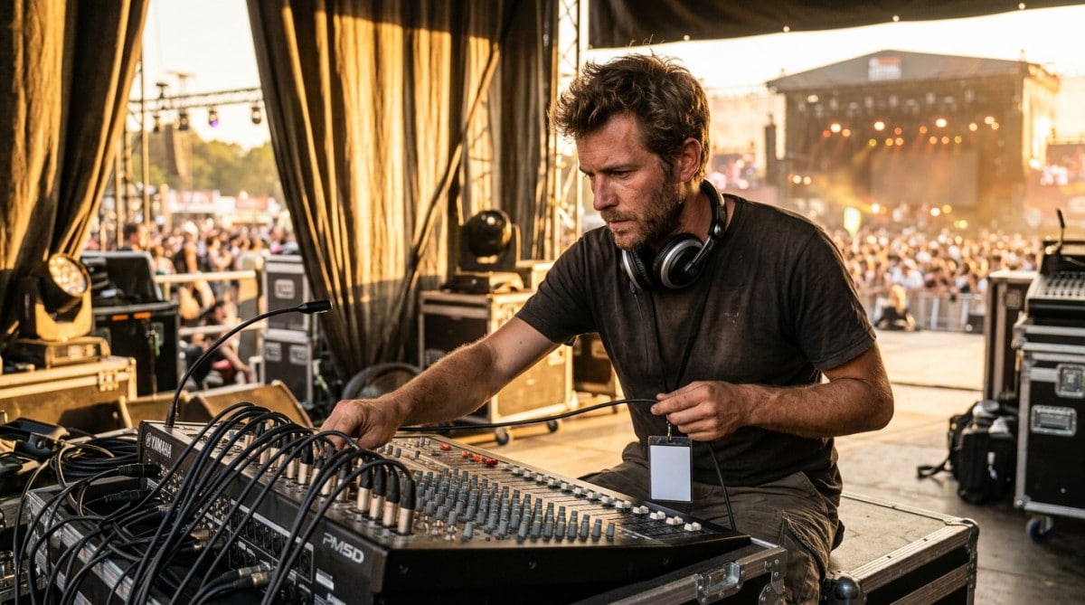Technicien son réglant une console lors d'un festival
