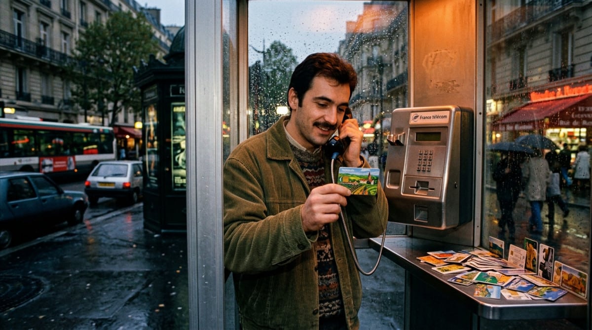 Télécarte française des années 90 devant une cabine téléphonique