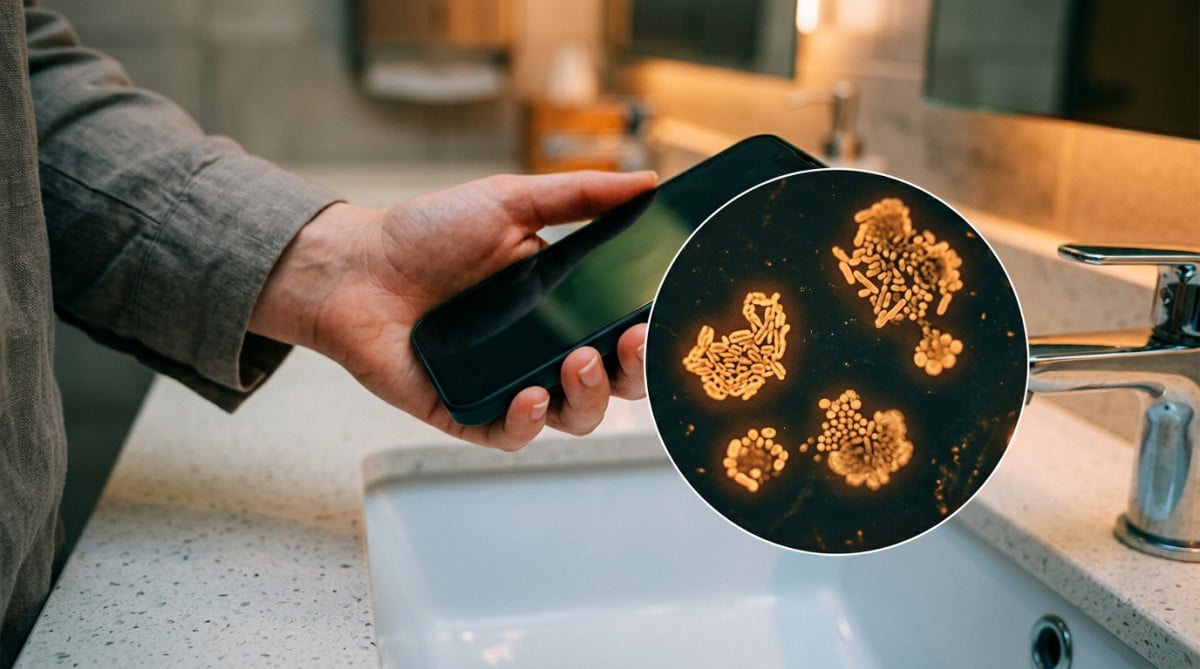 Téléphone portable couvert de bactéries près d'un lavabo